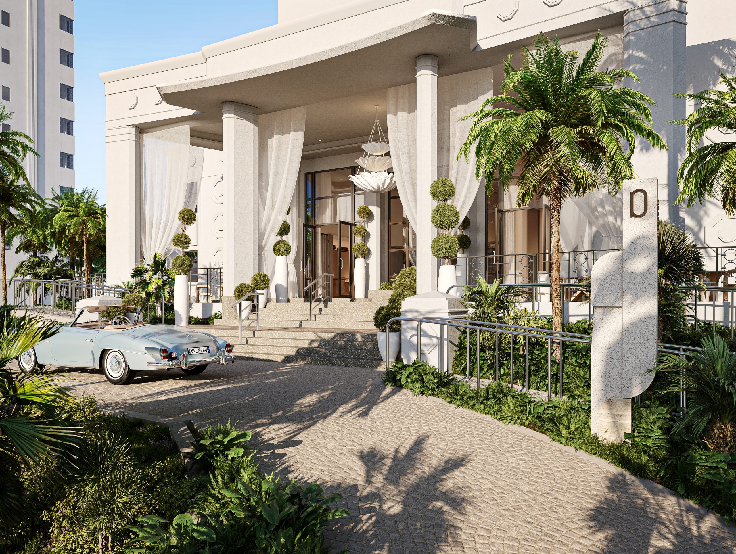 Exterior entrance of the relaunched Delano Miami Beach, home of the Delano Members Club