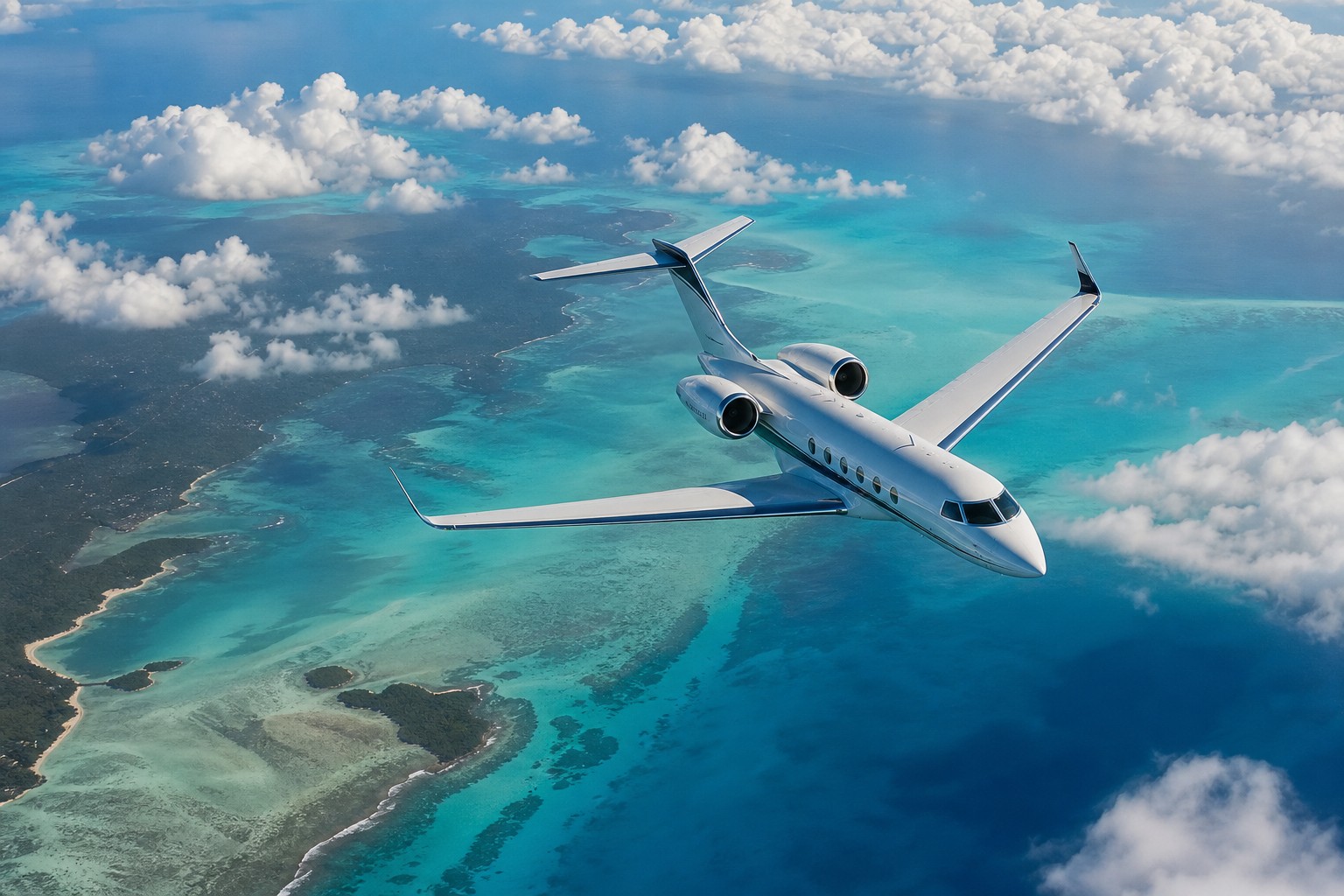 Private jet flying over turquoise Caribbean waters