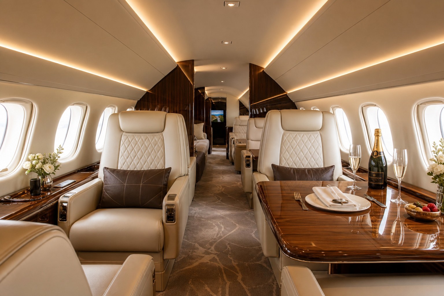 Luxury private jet cabin interior with champagne service