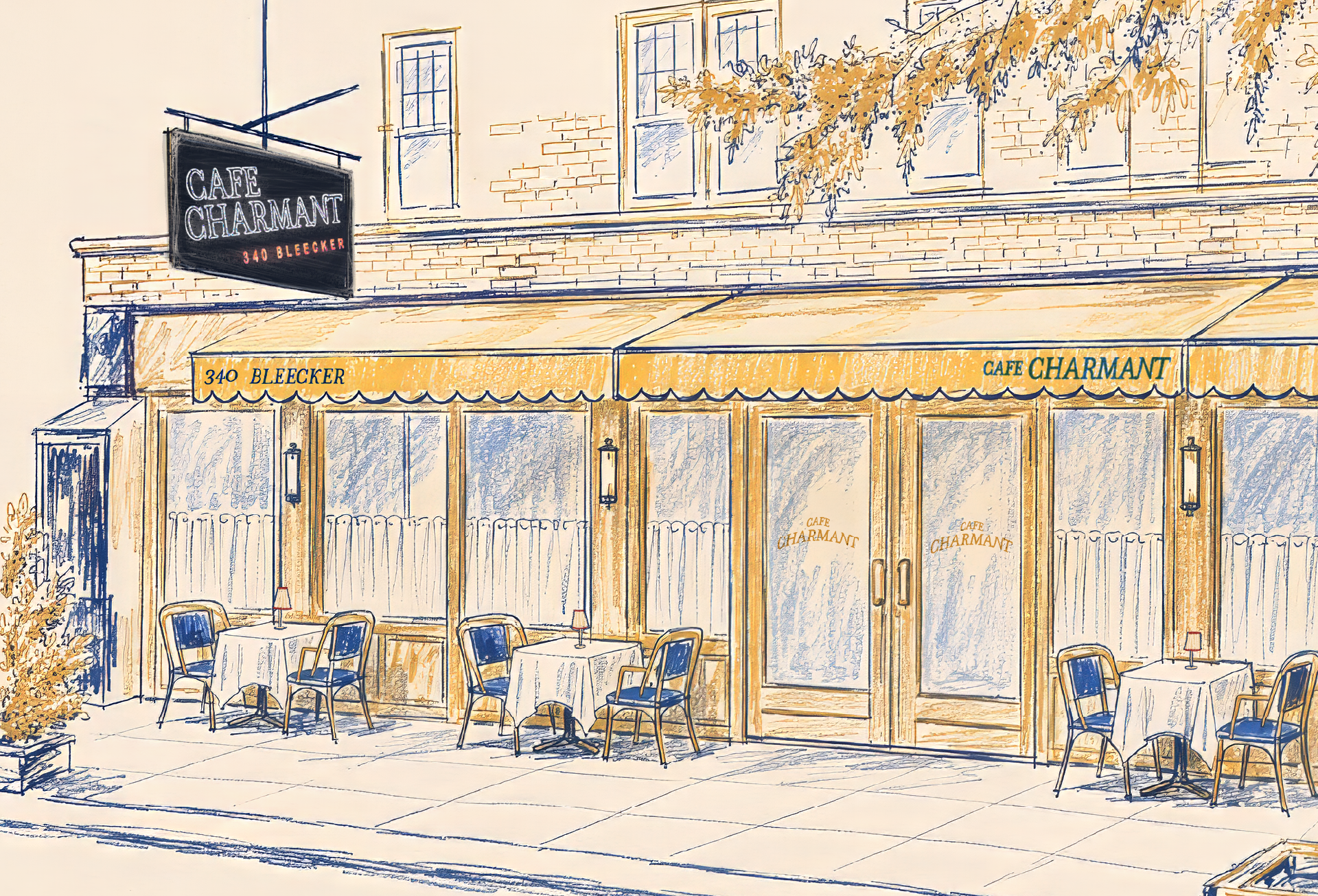 Cafe Charmant Bleeker NY Storefront Illustration 02 Credit Cafe Charmant - Catch Hospitality Group Is Opening a French Brasserie in the West Village This Fall
