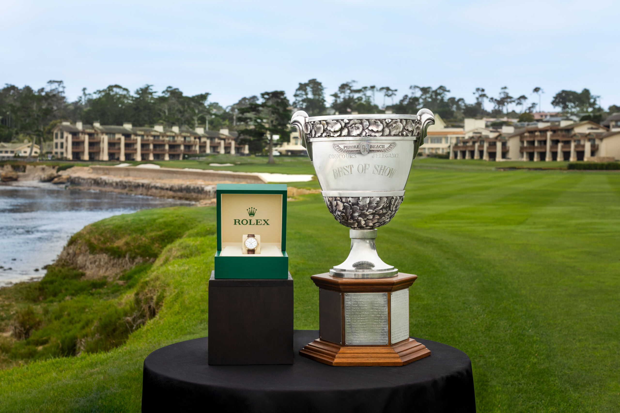 Pebble Beach Concours d'Elegance Best of Show trophy and the Rolex Perpetual 1908 presented to the winner