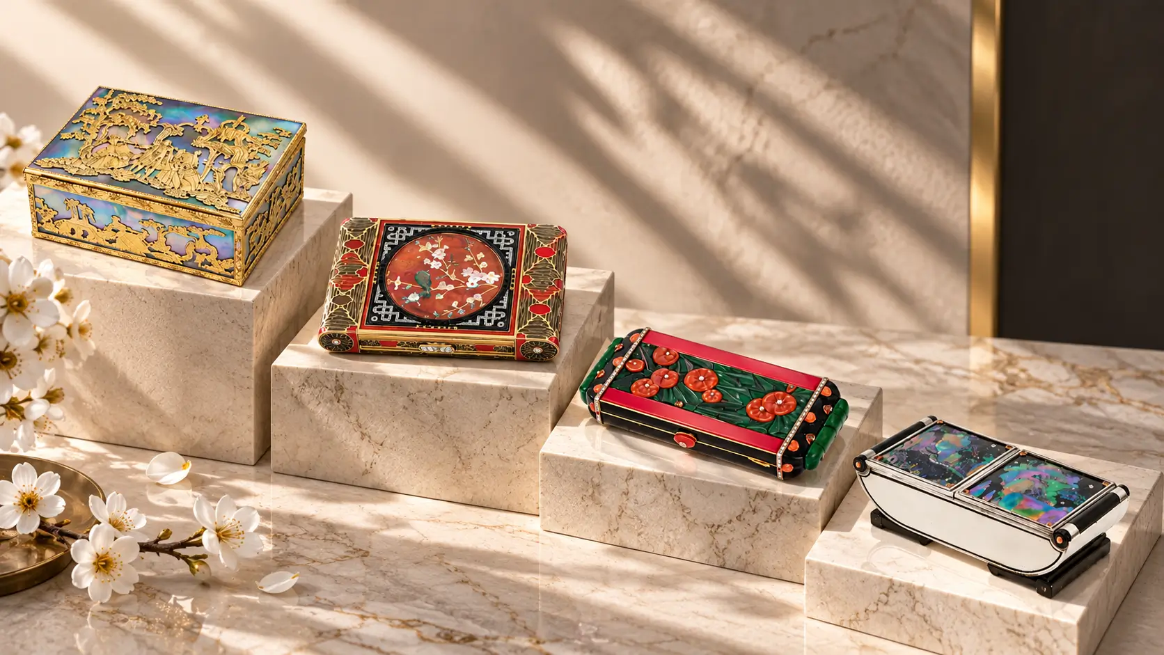 From left to right: German gold and mother-of-pearl snuff-box, Berlin or Dresden, circa 1750 (estimate US$40,000-60,000) | Marchak and Makowsky, an Art Deco enamel, mother-of pearl and diamond vanity case (estimate US$30,000-50,000) | Théodule Bourdier, an Art Deco malachite, onyx, coral and enamel vanity case (estimate US$30,000-50,000) | Cartier, an Art Deco laque burgauté, coral, diamond and silver cigarette case (estimate US$100,000-150,000)