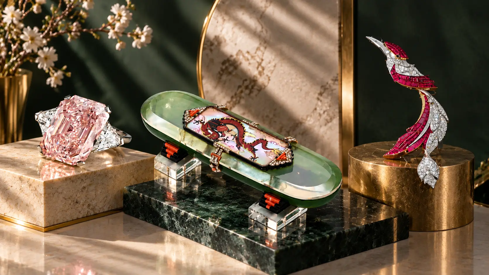Cartier, an Art Deco rock crystal, nephrite, onyx, coral, mother-of-pearl and diamond 'boite a cigarettes de table’ (estimate US$150,000-250,000) | Van Cleef & Arpels, a ruby and diamond ‘Oiseau Mystérieux’ clip-brooch (estimate US$600,000-1,000,000)