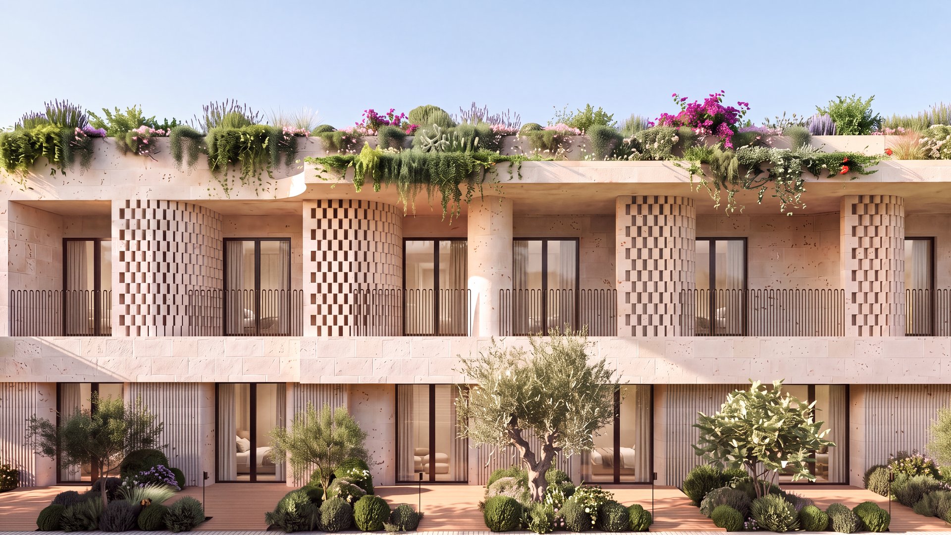 Rendering of a Delano Puglia guestroom wing, with limestone lattice columns, balconies with floor-to-ceiling windows, a planted roof terrace and olive trees
