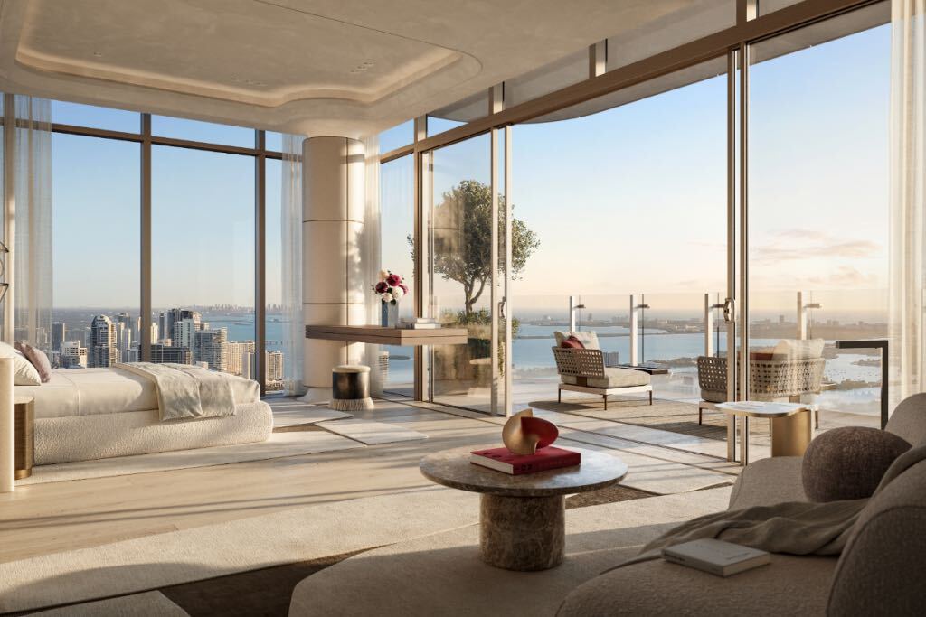 Crown Residence bedroom rendering with floor-to-ceiling windows and private terrace