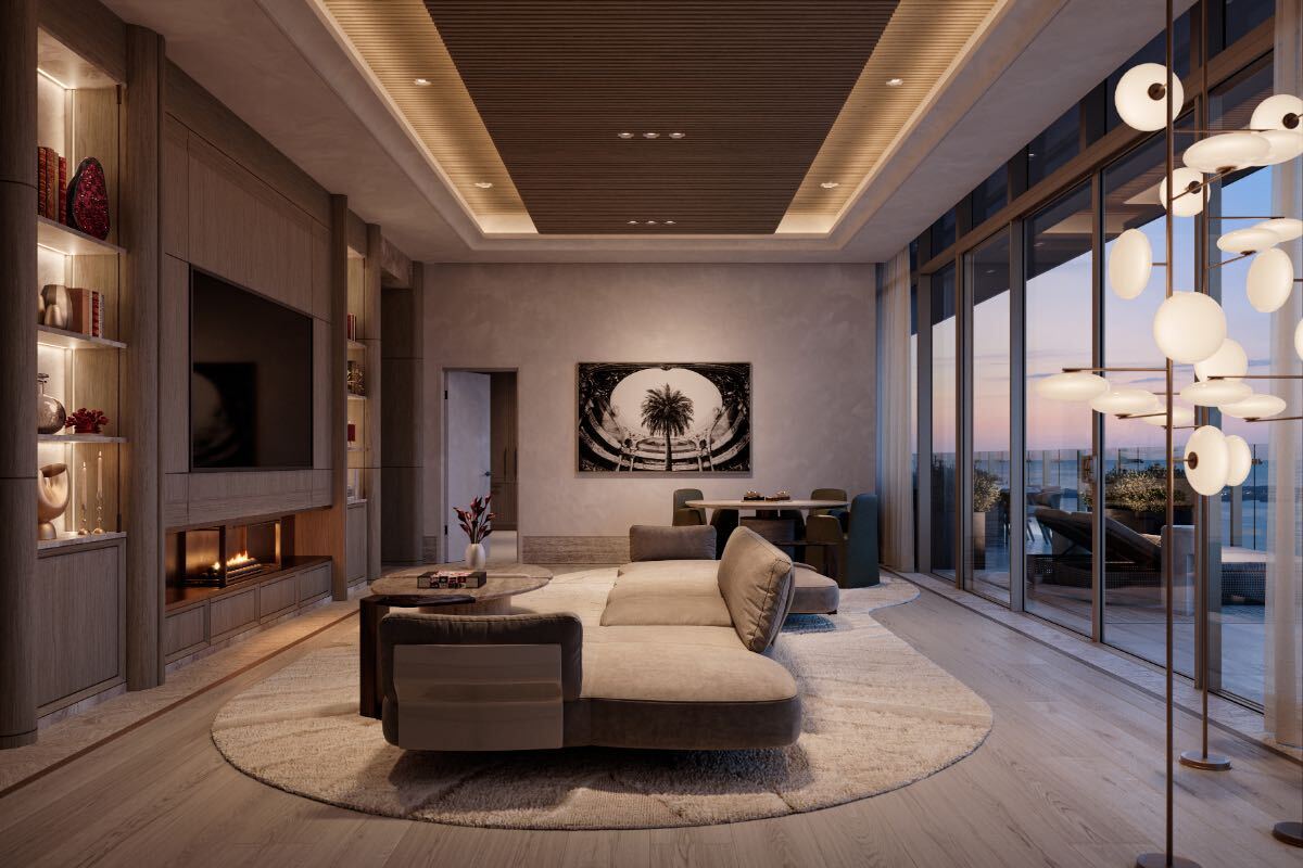Faena Crown Residence family room rendering with fireplace and terrace