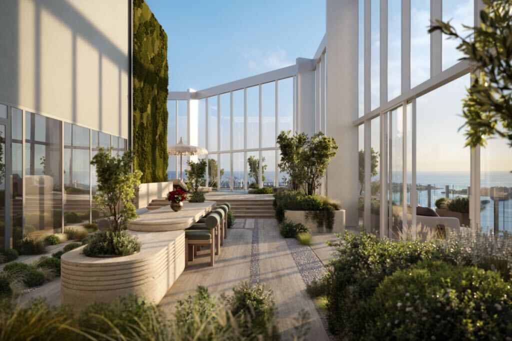 Crown Residence outdoor dining terrace rendering with planting and a long dining table