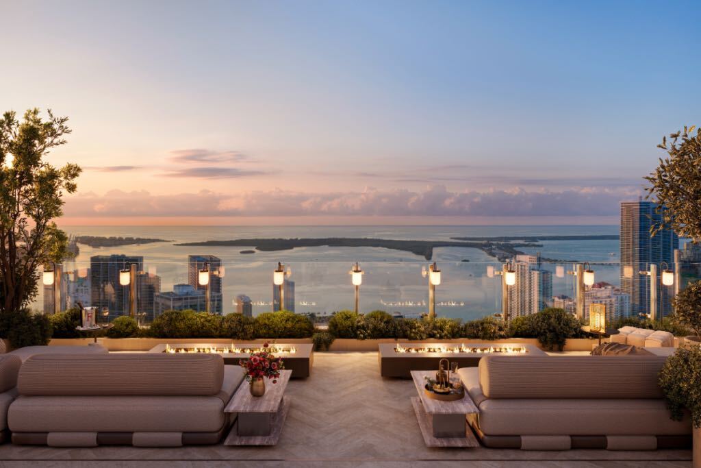 Crown Residence terrace rendering with lounge seating and water views