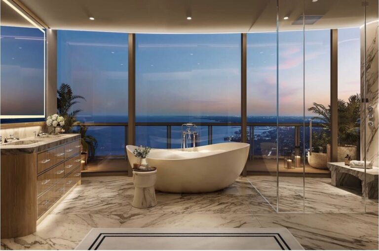 Freestanding soaking tub with panoramic Biscayne Bay views, Cipriani Residences Miami