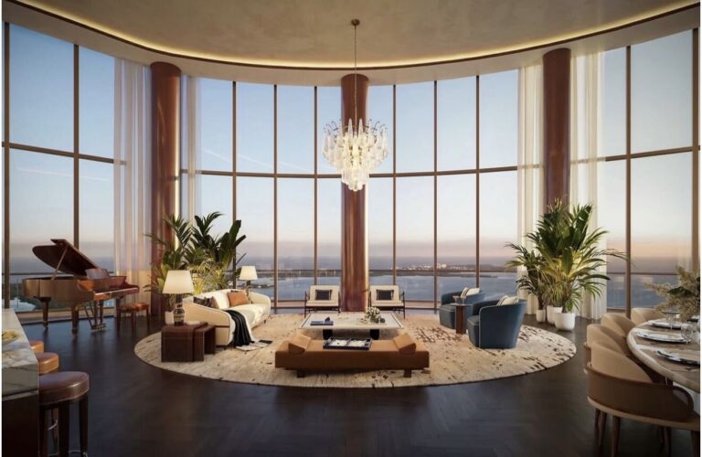 Living room with grand piano and panoramic views, Cipriani Residences Miami