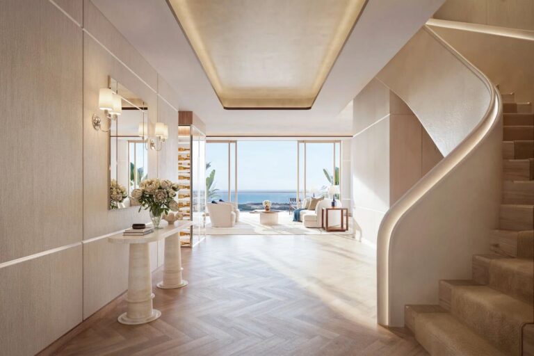 The San Marco penthouse entry foyer and spiral staircase rendering, Cipriani Residences Miami
