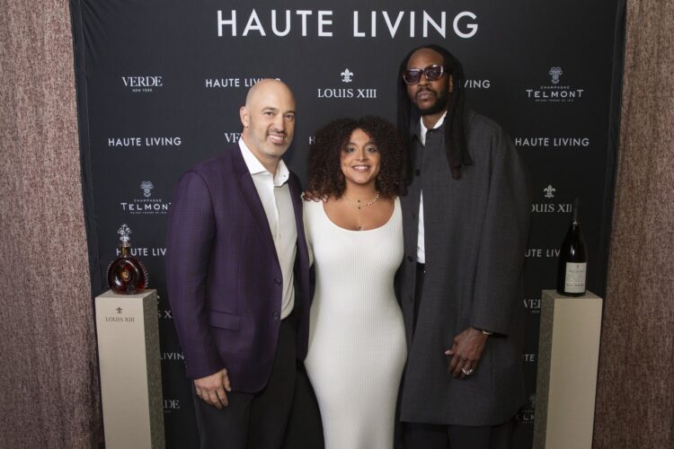 Recycle Track Systems CEO Greg Lettieri with Francesca Larson and 2 Chainz at the Haute Living step-and-repeat at Verde New York