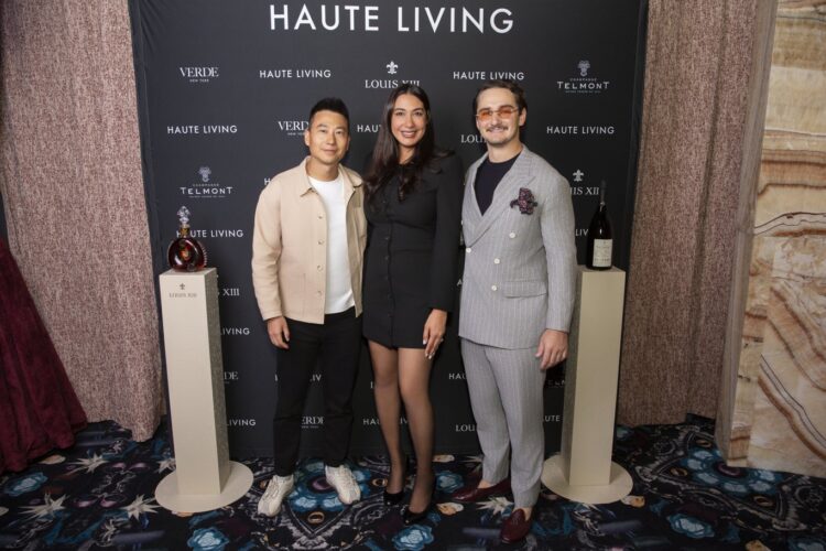 Richard Li, Layla Jahrami Notarfrancesco of Louis XIII and Nick Valenti at the Haute Living step-and-repeat at Verde New York