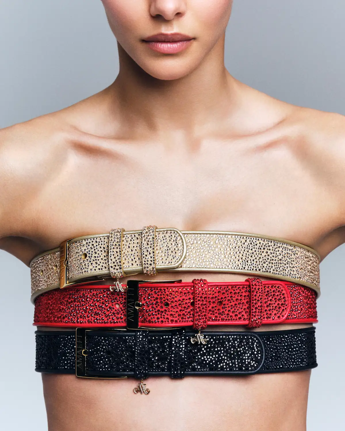 AMAFFI Belts in Champagne Gold Black Diamond and Rubyheart colorways