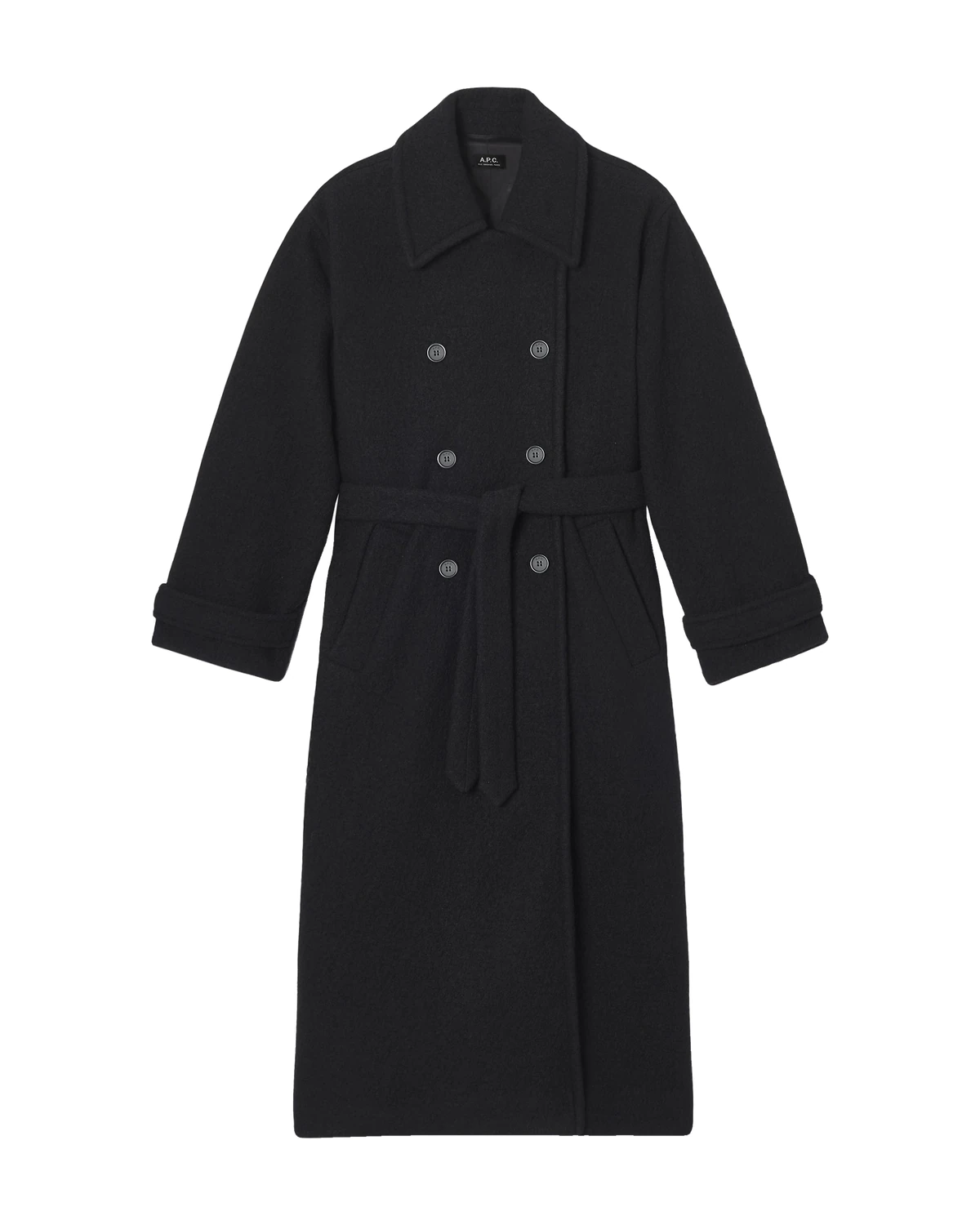 A.P.C. Lea Coat, an oversized black boiled wool coat with belt and horn-effect buttons on a white background, one of the best luxury winter coats 2026