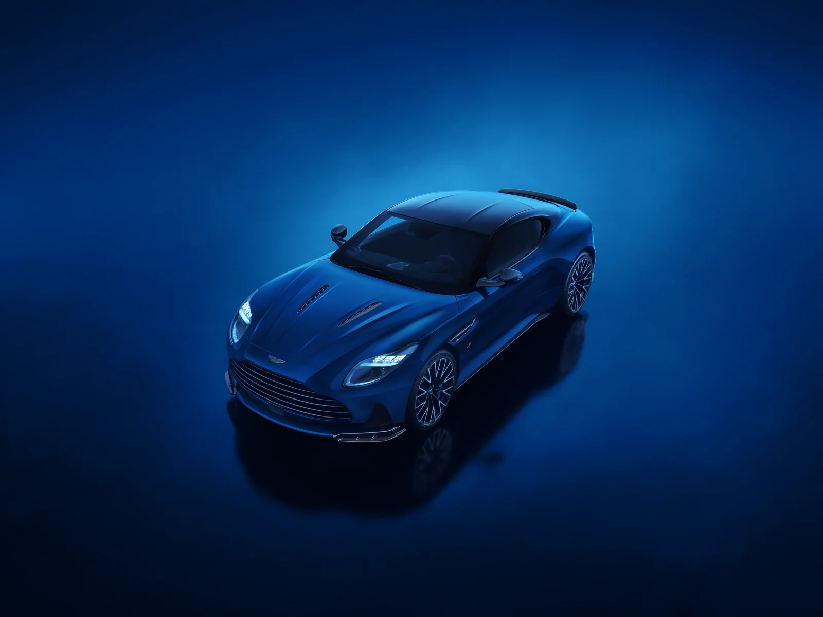 2026 Aston Martin DB12 S Coupe from above, showing the bonnet louvres