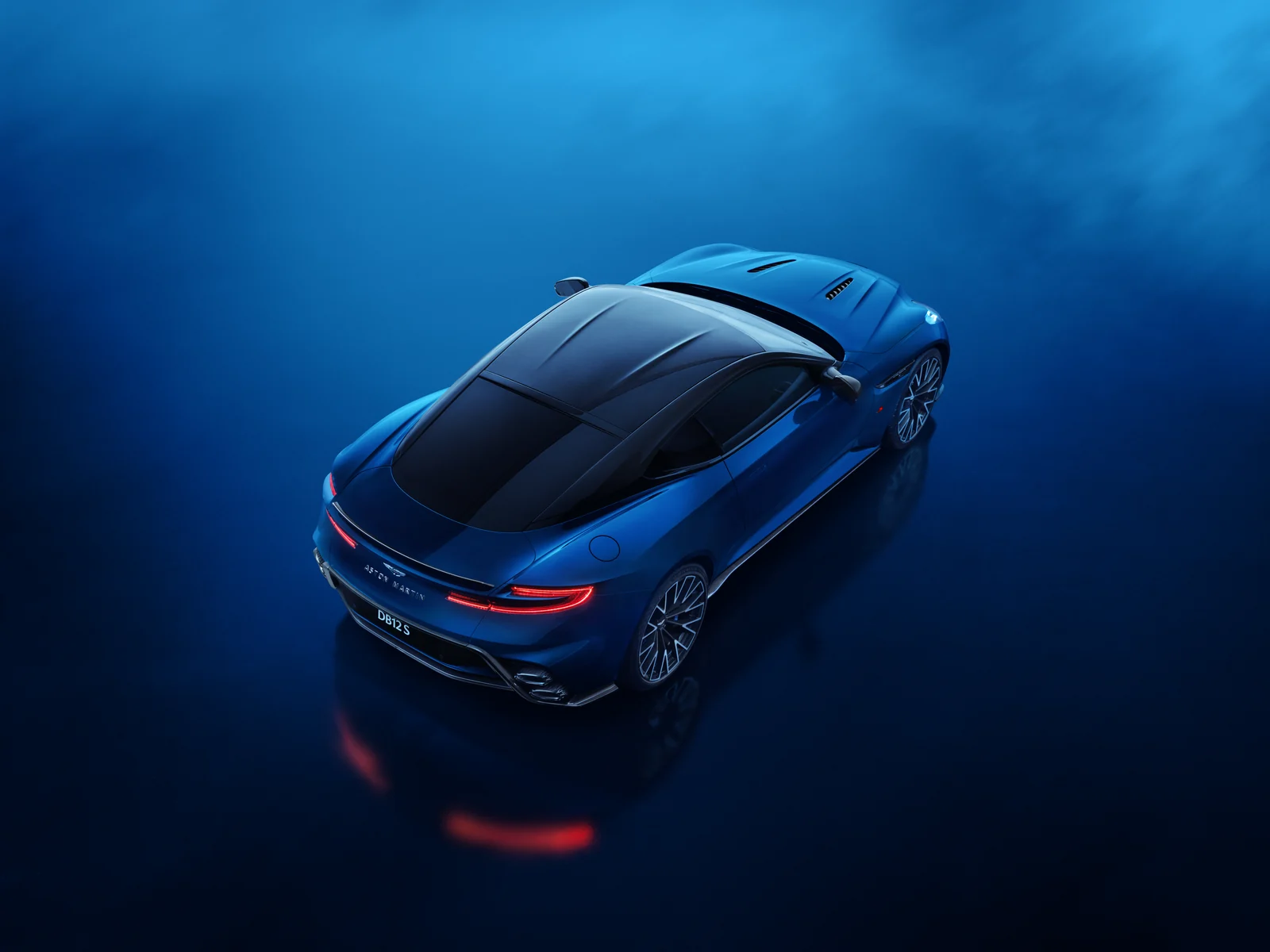 2026 Aston Martin DB12 S Coupe rear view from above with fixed rear spoiler