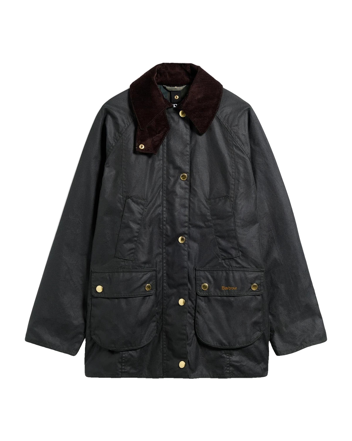 Barbour Modern Beadnell Waxed Jacket in sage with a brown cord collar on a white background, one of the best luxury winter coats 2026