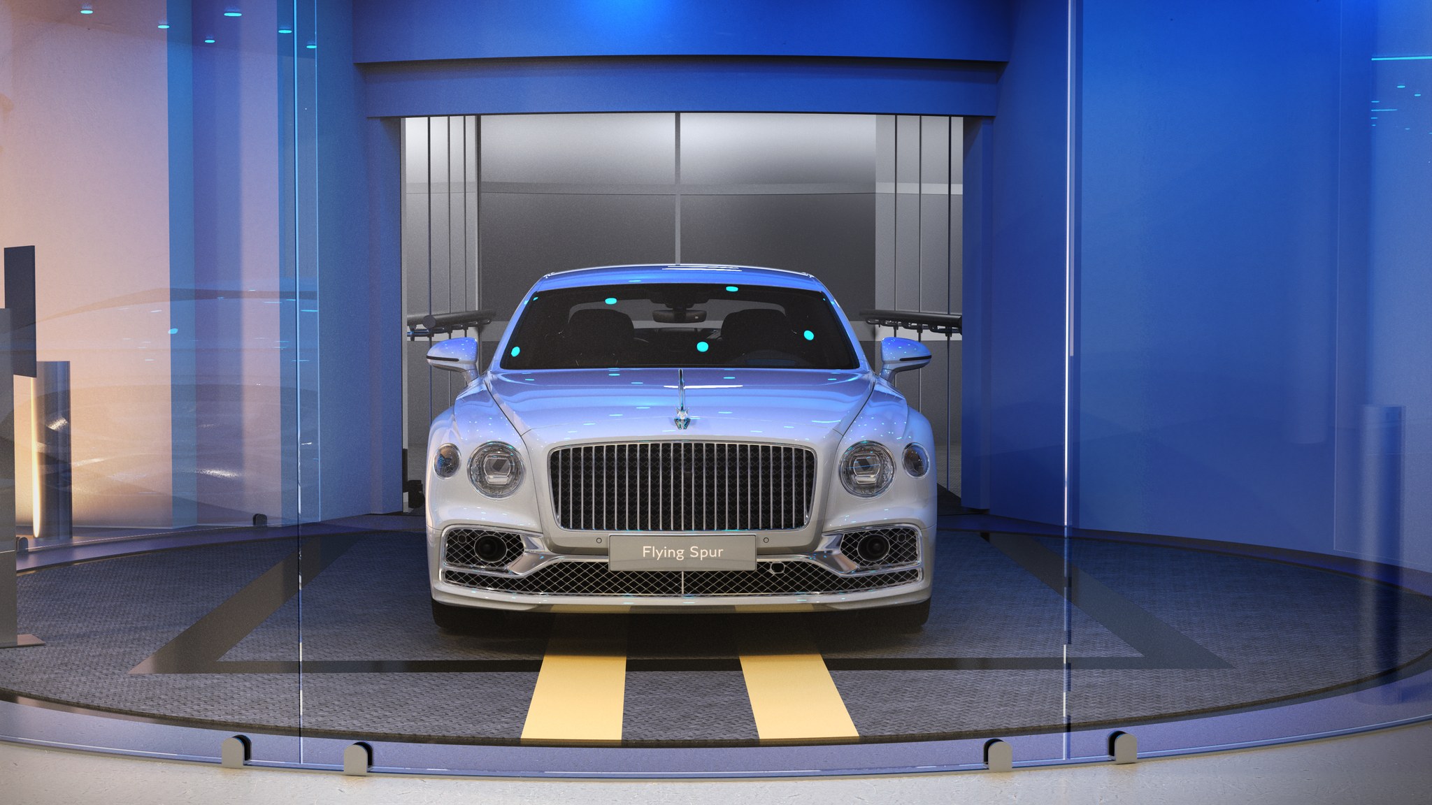 Rendering of a Bentley inside the Dezervator car elevator