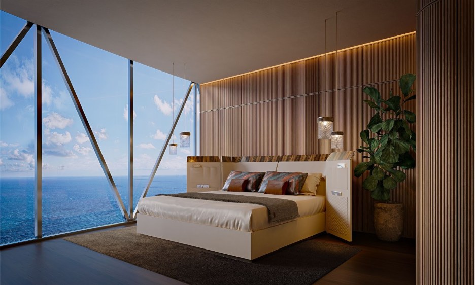 Rendering of a bedroom with floor-to-ceiling ocean views at Bentley Residences Miami