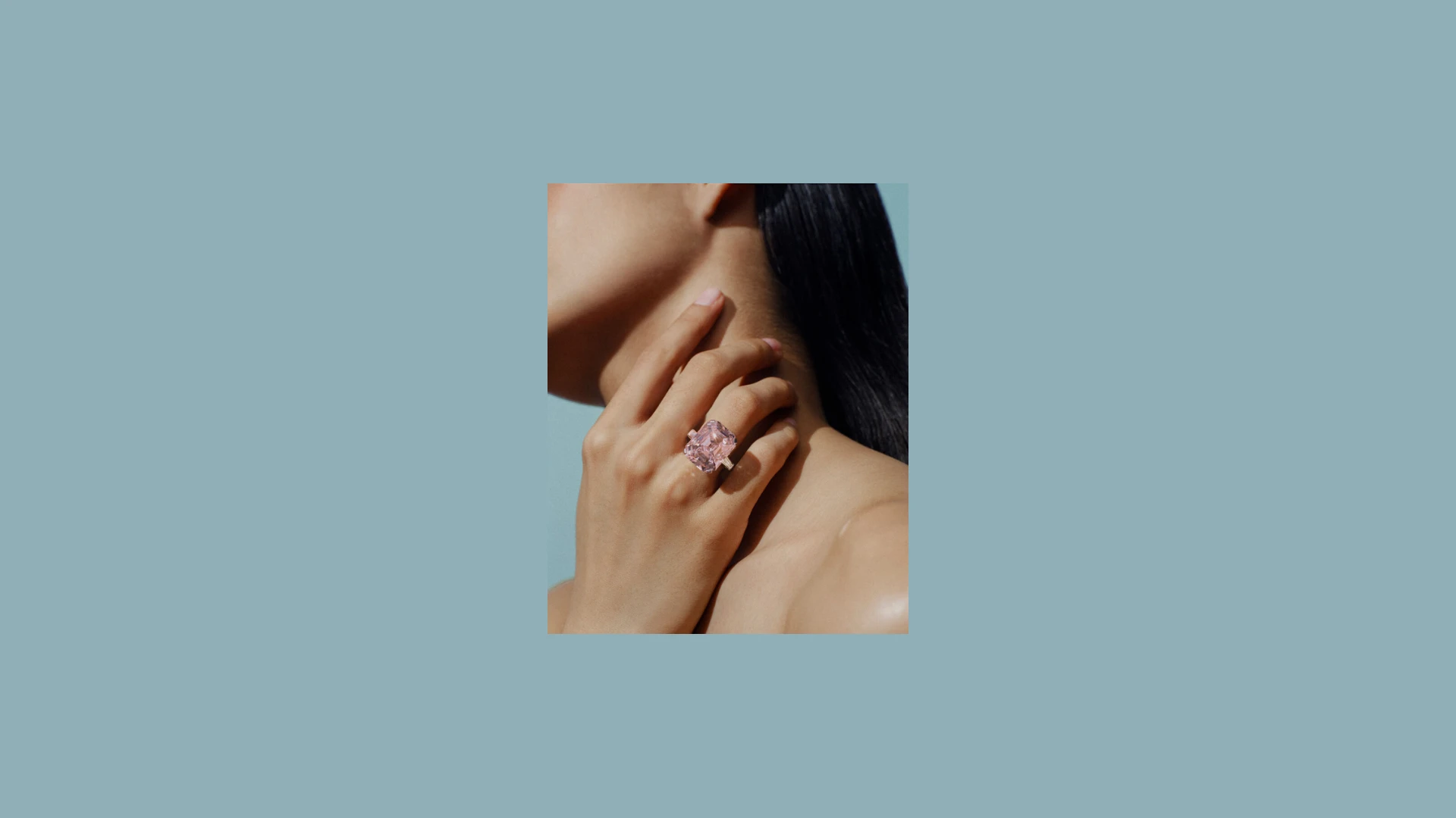 The Bulgari Pink diamond ring, a 24-carat Fancy Intense Pink diamond, worn on a model