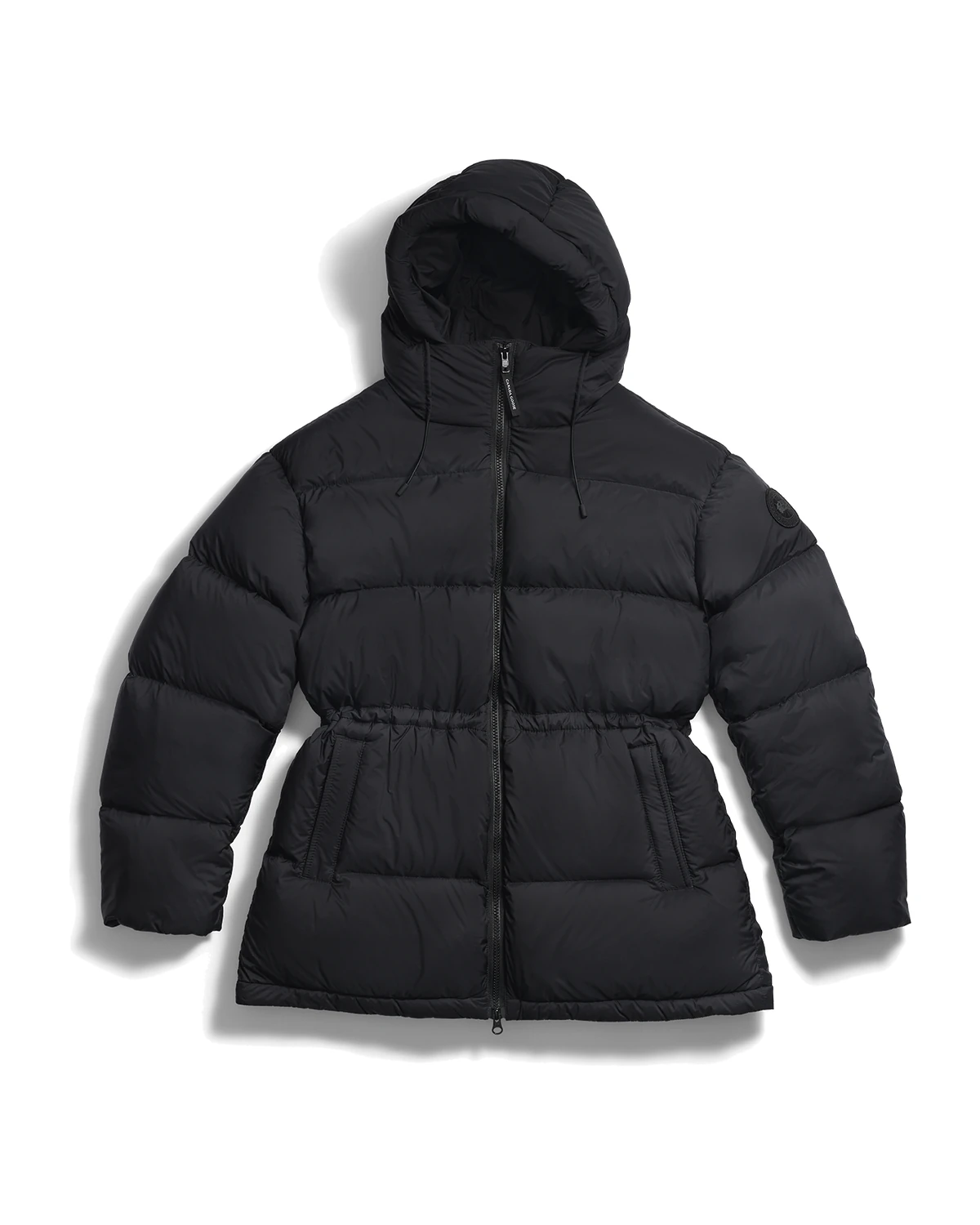 Canada Goose Fallon Puffer Coat in black with a hood and drawcord waist on a white background, one of the best luxury winter coats 2026