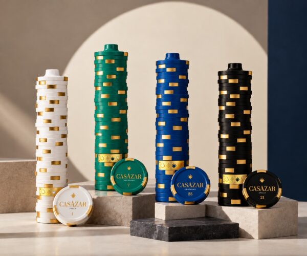 Four CasAzar Tequila porcelain bottles with gold card-suit emblems in warm holiday light