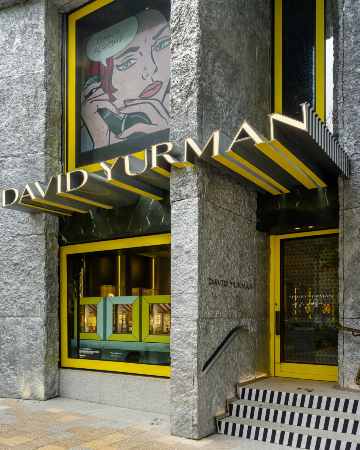 David Yurman Roy Lichtenstein installation at the Miami Design District boutique entrance, with black-and-white striped steps and yellow window frames