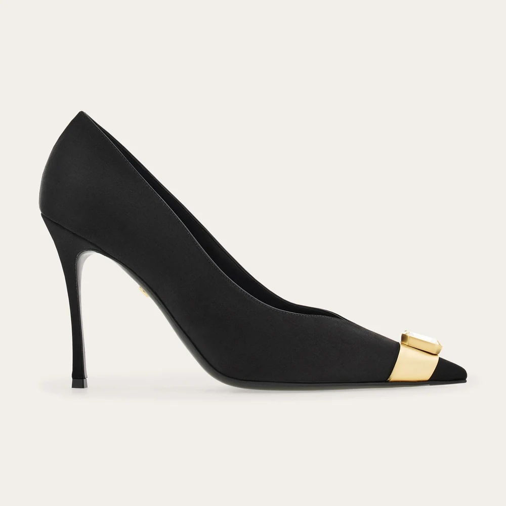 Ferragamo black crystal embellished pump with gold toe band
