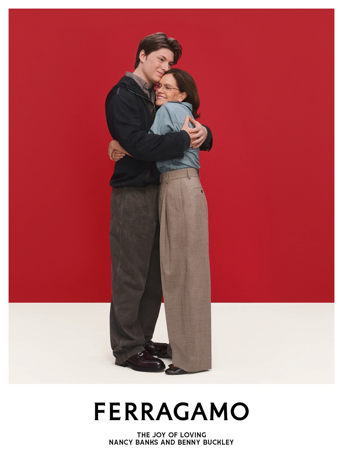 Acting coach Nancy Banks hugging her son, actor Benny Buckley, in the Ferragamo holiday campaign