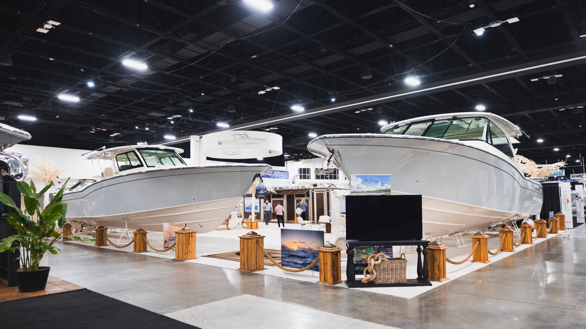 Boats on display inside the Broward County Convention Center at the Fort Lauderdale International Boat Show
