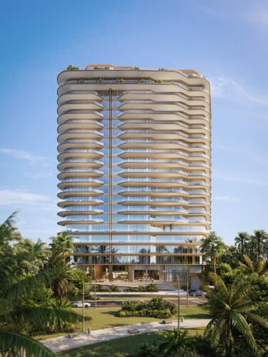 Four Seasons Private Residences Coconut Grove 20-story tower facade with curved balconies framed by palm trees
