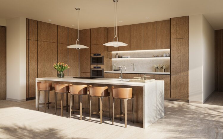 Four Seasons Private Residences Coconut Grove residence kitchen with wood cabinetry, a marble island and pendant lights