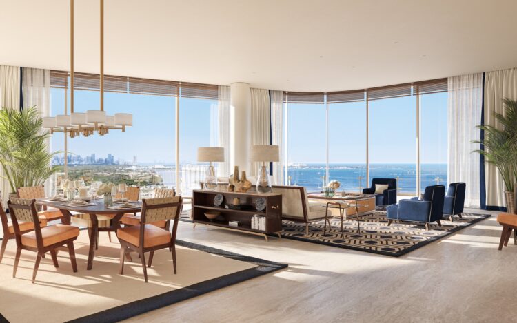 Four Seasons Private Residences Coconut Grove living and dining area with floor-to-ceiling windows facing Biscayne Bay