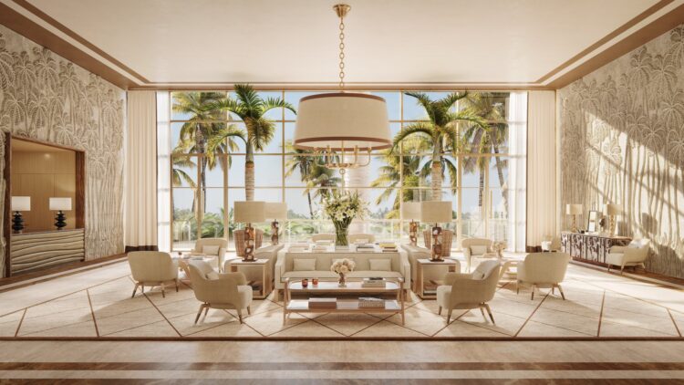 Four Seasons Private Residences Coconut Grove lobby with palm-motif walls, a drum chandelier and tall windows onto palm trees