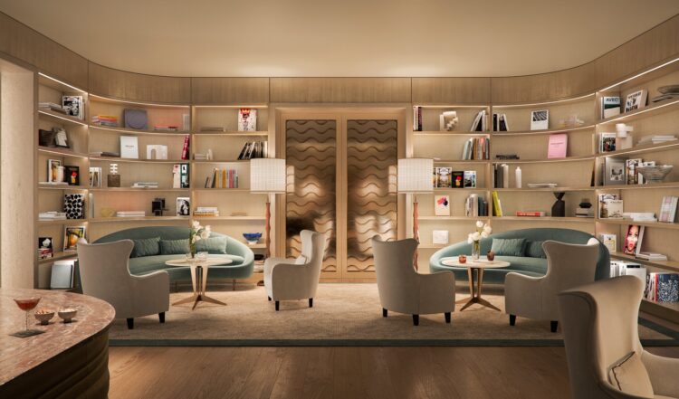 Four Seasons Private Residences Coconut Grove residents' lounge with built-in bookshelves and curved seating