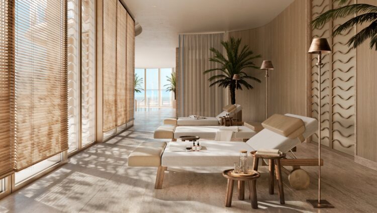 Four Seasons Private Residences Coconut Grove spa relaxation lounge with daybeds, palms and water views