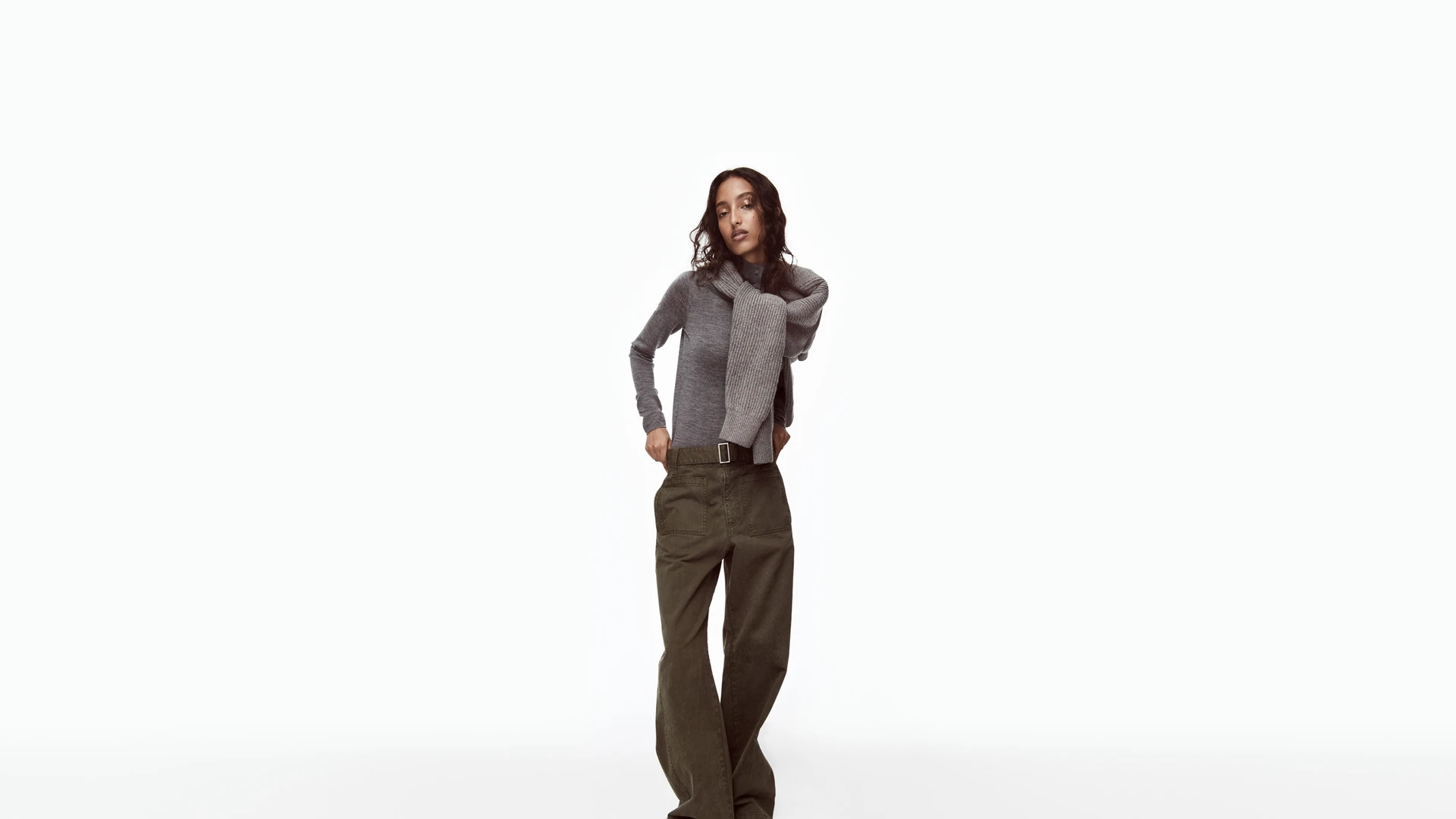 Gap Victoria Beckham Fall/Winter 2026 campaign: Mona Tougaard in a gray knit and olive trousers