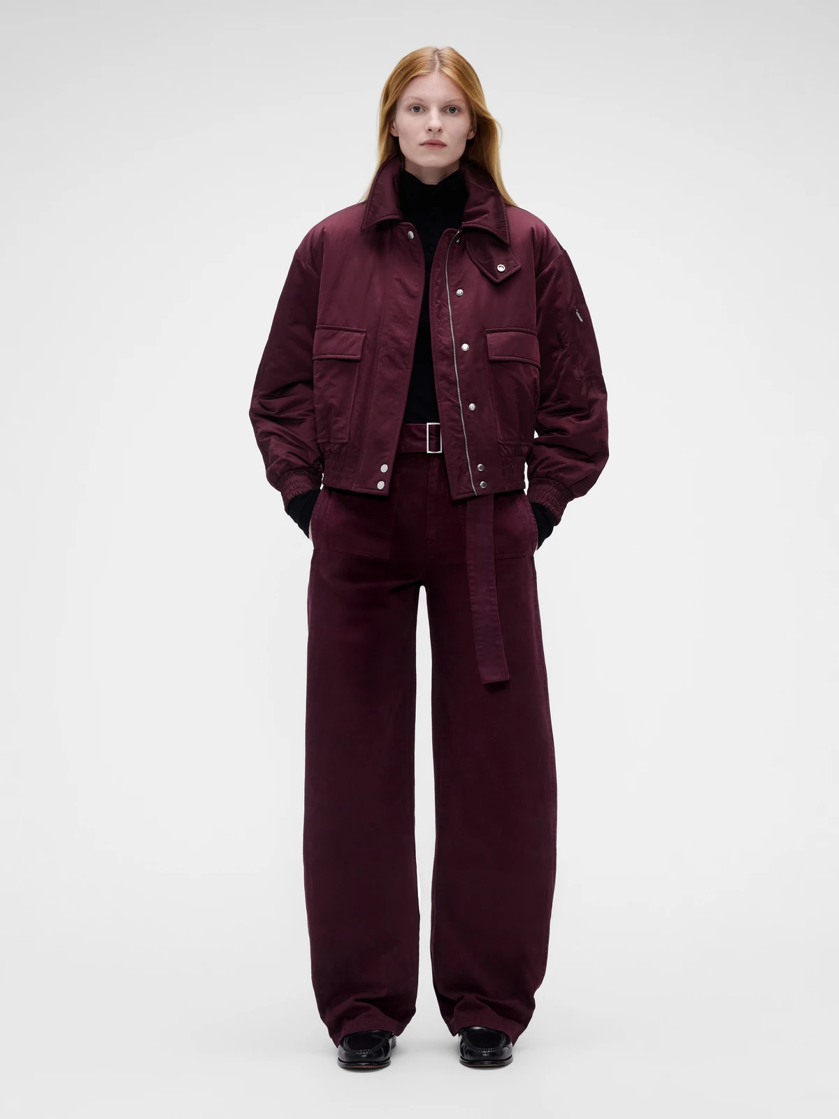 Gap Victoria Beckham Fall/Winter 2026 quilted satin bomber jacket in vamp red