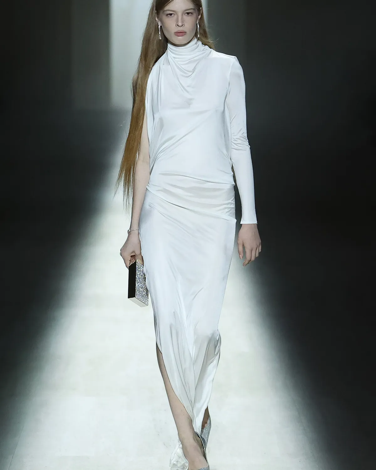 Gucci Spring 2027 Look 82, a white draped evening gown, at Milan Fashion Week