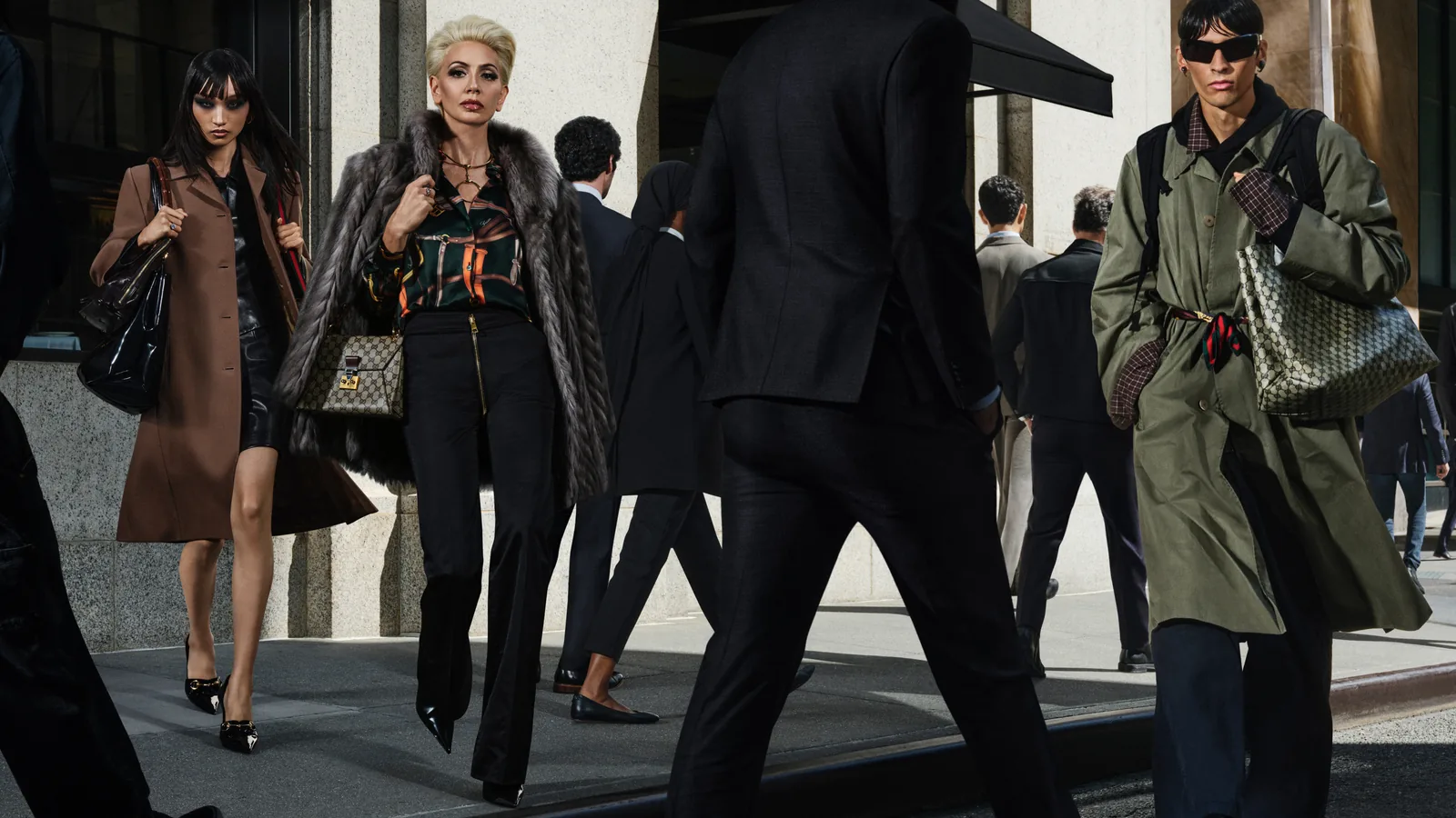 GucciCore campaign green trench coat by Peter Funch in New York