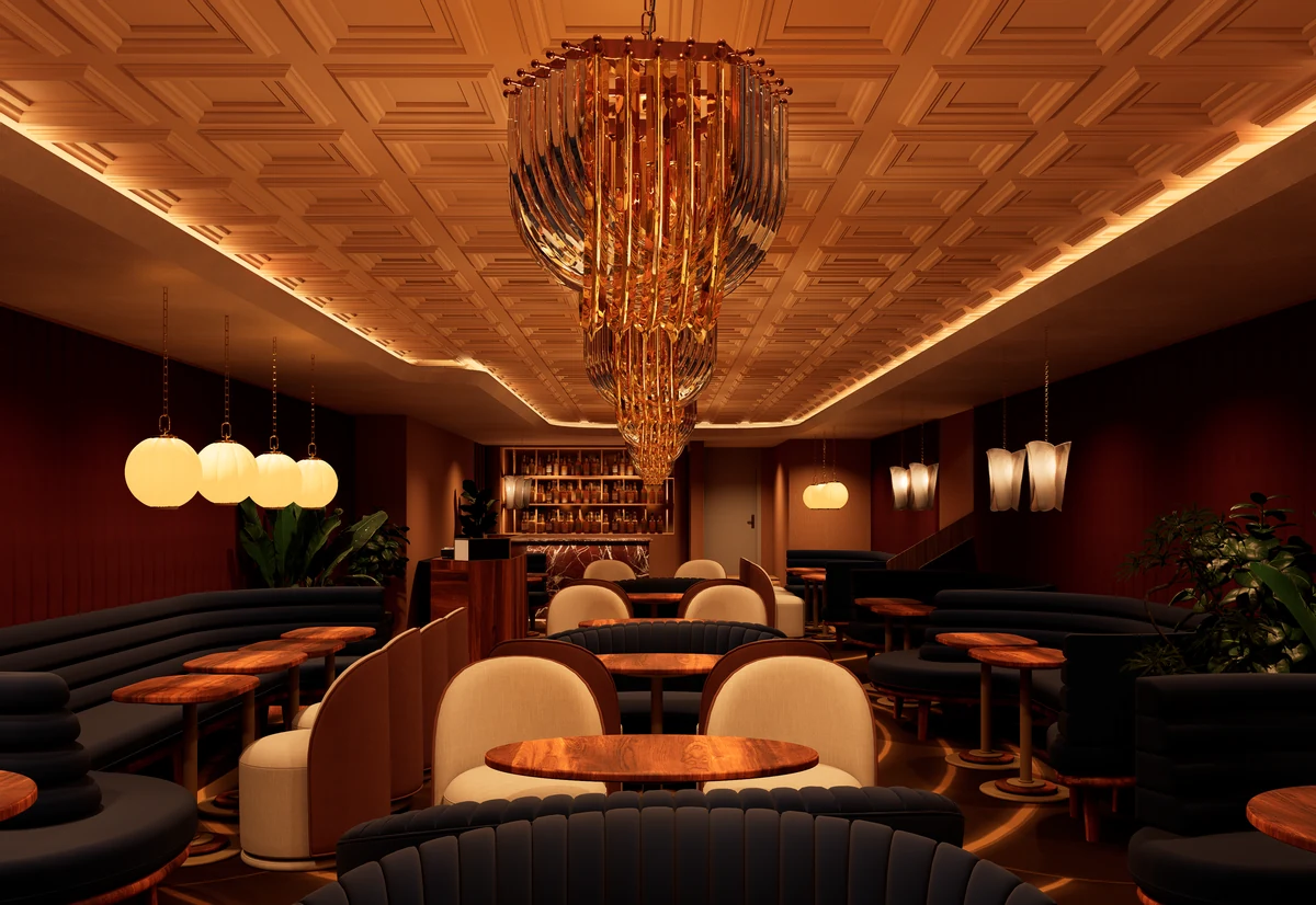 RSVP lounge rendering at Guest House Aspen with a tiered amber chandelier and curved velvet banquettes