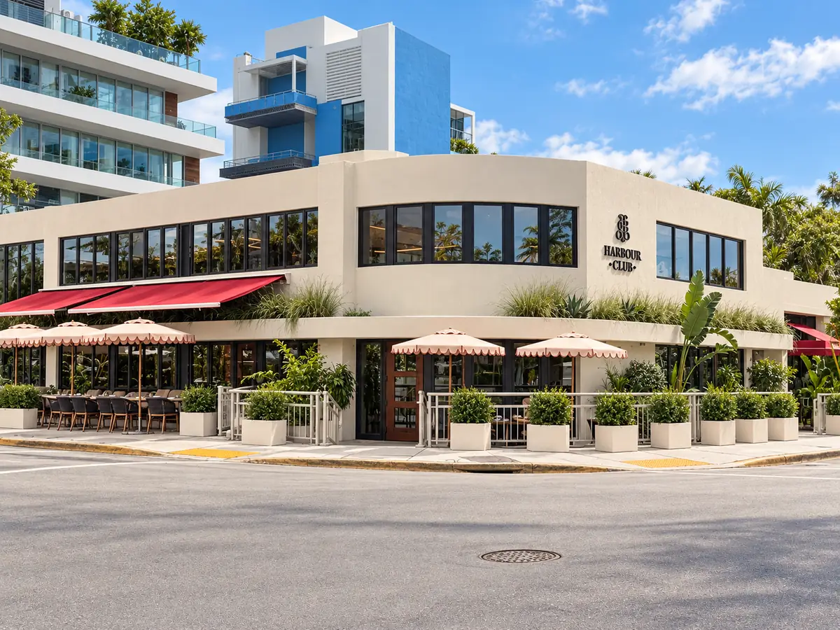 The Harbour Club facade on Bay Road in Sunset Harbour, Miami Beach