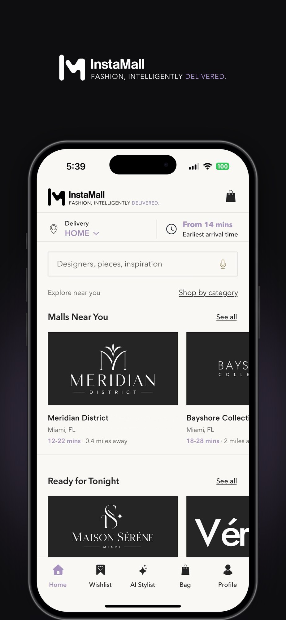 InstaMall app home screen showing Miami retail districts available for same-day delivery