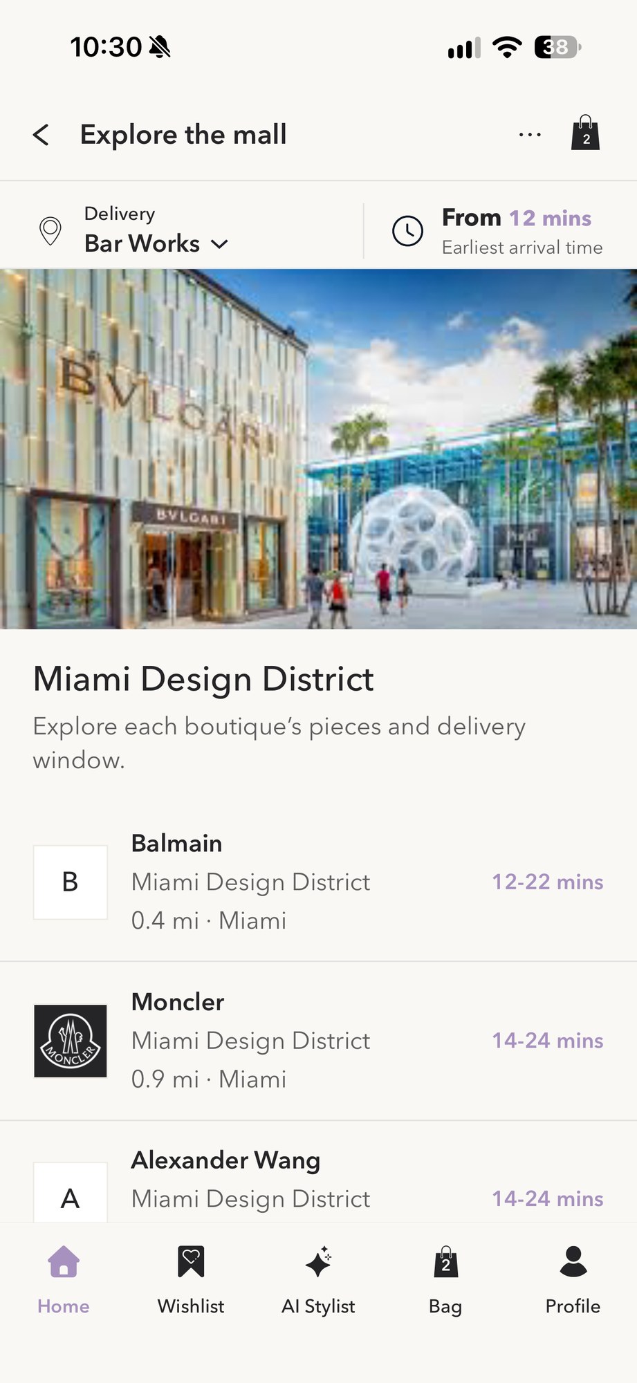 InstaMall’s Miami Design District page listing boutiques with estimated delivery times