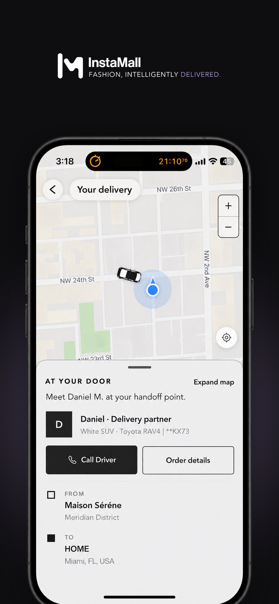 InstaMall’s live delivery tracking screen for a same-day order in Miami