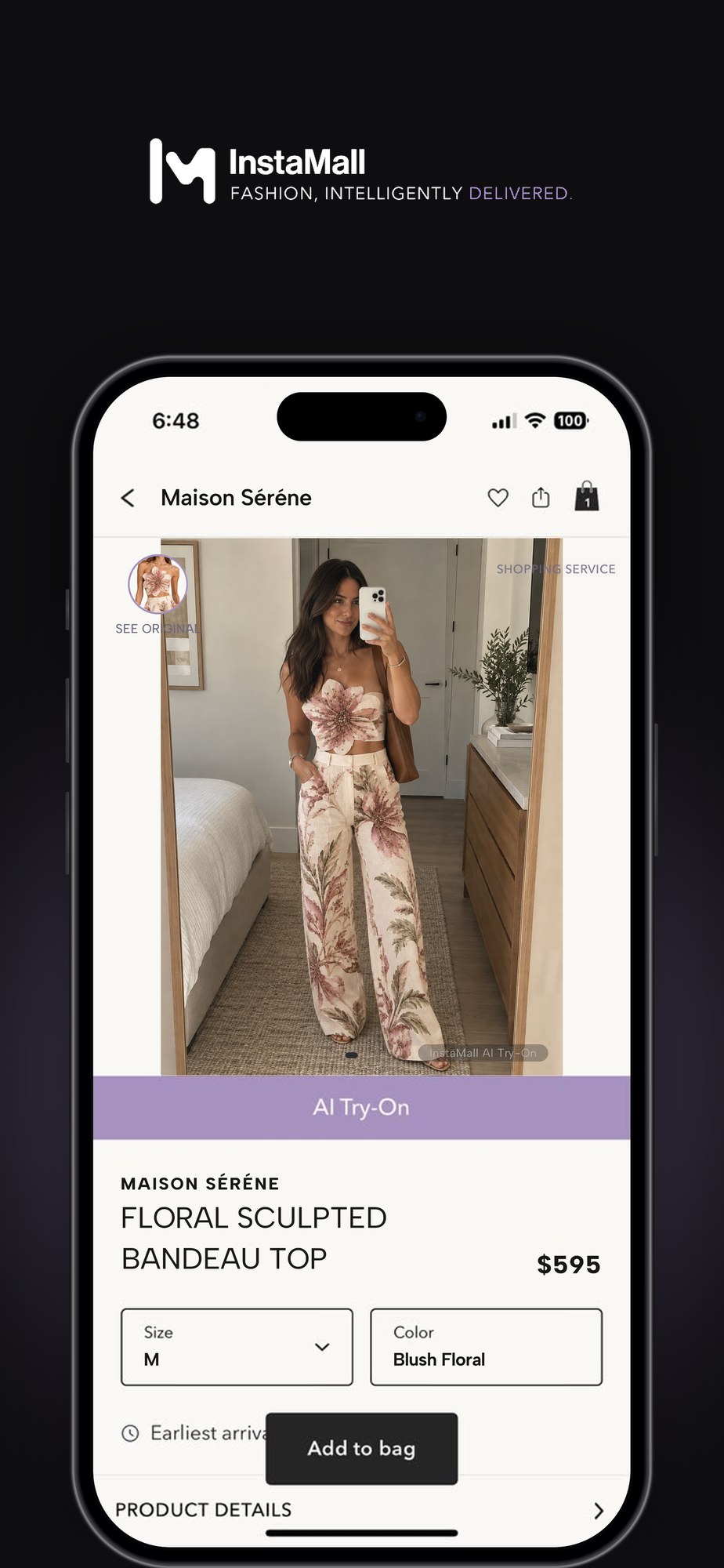 InstaMall’s virtual try-on feature showing a top previewed on the shopper