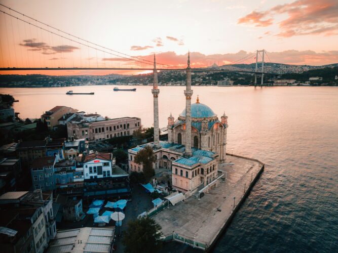Ortaköy Mosque and the Bosphorus Bridge at sunset in Istanbul, Turkey