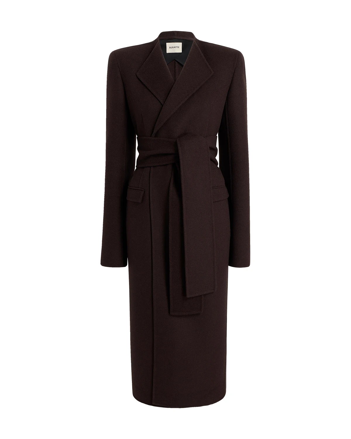 Khaite Jelson Coat in dark brown double-faced wool with sash belt on a white background, one of the best luxury winter coats 2026