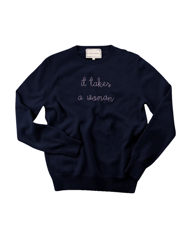 Lingua Franca It Takes a Woman embroidered cashmere crewneck in navy